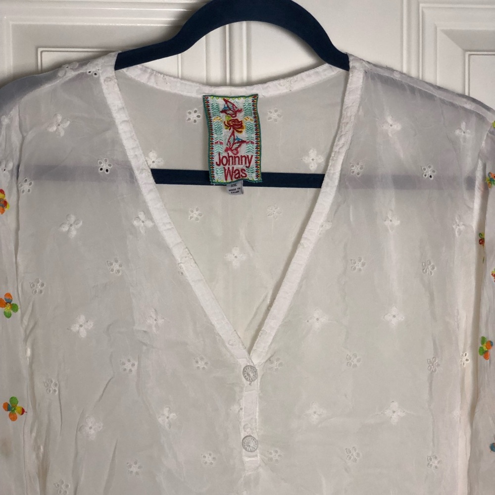 Johnny Was White Eyelet Simple All Over Embroidered Cuffs Peasant Tunic Blouse - Picture 6 of 14